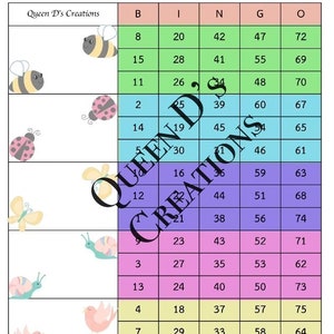 以下が含まれることがあります： 春のテーマの画像と数字が書かれた印刷可能なビンゴカード。画像には、ミツバチ、テントウムシ、チョウ、カタツムリ、鳥が含まれています。数字は2から72までです。