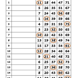 Può includere: Una cartella del bingo con i numeri da 1 a 75, con i numeri 11, 16, 32, 56, 61, 75, 10, 12, 21, 36, 52, 60 e 63 cerchiati in arancione.