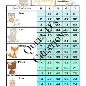 May include: A printable bingo card with a spring theme. The card has a light blue background with a grid of 25 squares. Each square contains a number from 1 to 75. The card also features images of a llama, an owl, a fox, a bear, and a sloth. The text "Hello Spring" is at the top of the card.