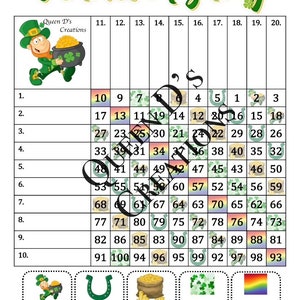 Peut inclure: Un carton de bingo sur le thème de la Saint-Patrick avec les numéros de 1 à 100 dans une grille. Le carton a une bordure de trèfles verts et une illustration de lutin vert dans le coin supérieur gauche. Le carton a également un fer à cheval vert, un sac de pièces d'or, un motif de trèfles verts et un arc-en-ciel dans la rangée du bas.