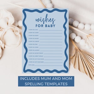 Wellige druckbare Spiele-Wünsche für Babys, die meisten Spaß Babypartyspiel, Retro Dusty Blau gewellte Grenze, bearbeitbare Vorlage Dekor INSTANT DOWNLOAD BB26