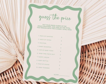 Wavy Border Template Baby Shower Games Guess the Price, Gender Neutral Sage Green, Editable Printable Fun DIY Activity INSTANT DOWNLOAD BB36