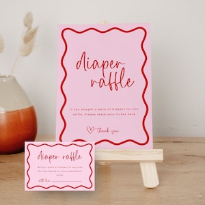 Windel-Gewinnspiel dünnes gewelltes Retro-Grenzzeichen, bearbeitbare Vorlage DIY rosa rotes Babypartydekor, einladen Einsatzkarte DOWNLOAD druckbares BB06