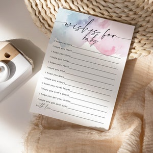 Carte aquarelle : sexe de bébé, jeu de baby shower, conseils et prédictions, modèle imprimable modifiable minimal à télécharger BB02