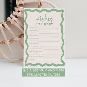 Wünsche für Baby die meisten Spaß Babypartyspiele, Retro Salbeigrün gewellte Grenze Geschlechtsneutrale Vorlage, bearbeitbare druckbare SOFORT-DOWNLOAD BB36