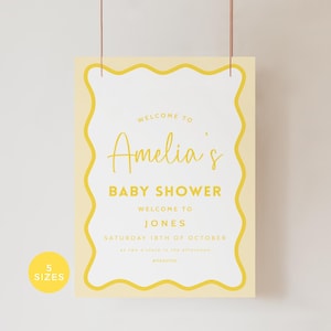 Letrero de bienvenida con borde ondulado amarillo limón para baby shower, plantilla editable, saludos de bebé, género neutro, imprimible, descarga instantánea, 5 tamaños BB57