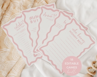 Boho Pink and Beige Girl Most Fun Baby Shower Games Bundle, Editable Wavy Border Wishes Bingo Trivia Bump Printable Template DOWNLOAD BB86