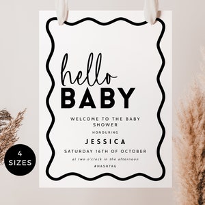 Golfrand babyshower welkomstbord, genderneutraal bewerkbare sjabloon modern, Hallo baby retro golvend decor afdrukbare INSTANT DOWNLOAD BB46