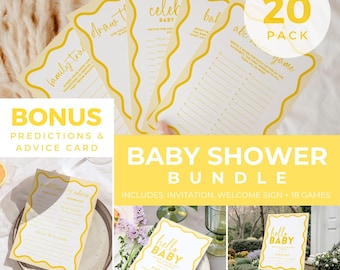 Lemon Yellow Baby Shower Bundle Editable Invite Baby Welcome Sign Template Canva Printable Games Pack Predictions for Baby Card BB57