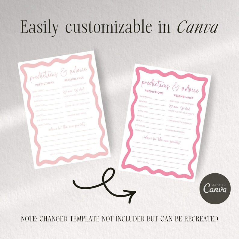 Baby Shower Game Prediction Card Baby Predictions Advice Card Baby Shower Activities Pink Baby Shower Canva Digital Template Party Idea image 4