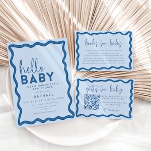 Baby Shower Wave Einladungspaket, Bücher für Baby, Geschenk-Registratur, bearbeitbare Vorlage, Dusty Blue Boy Printable Invite SOFORT-DOWNLOAD BB26