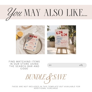 May include: A promotional image with the text "You MAY ALSO LIKE..." and "BUNDLE & SAVE". It features two sample menu designs and a sign that says "CIN CIN" and "welcome to OLIVIA'S bridal shower". A search bar is also included.