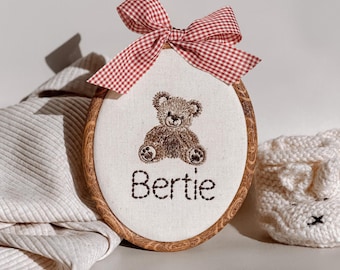 Baby Name Sign Embroidered Hoop Decor Nursery Gender Neutral Gift New Mum Baby Shower Personalised Oval Bear Baby Name Announcement