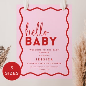 Cartello di benvenuto per baby shower con bordo ondulato retrò sottile, modello modificabile rosa e rosso moderno, decorazione Hello Baby stampabile DOWNLOAD IMMEDIATO 5 misure BB06