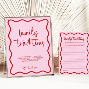 Tradycje rodzinne Karta na Baby Shower Pamiątka Podziel się wspomnieniami z dzieciństwa Szablon Gra na Baby Shower Porady Edytowalne Natychmiastowe pobranie Różowa fala