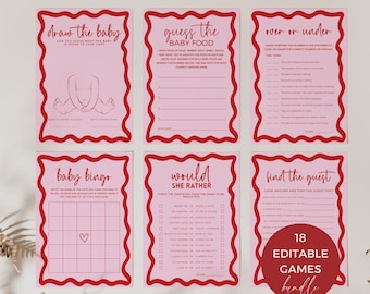 Most Fun Baby Shower Games Bundle, Retro Wavy Border Template Editable Printable, Trivia Bingo Predictions Draw Bump INSTANT DOWNLOAD BB06