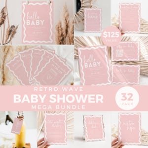 Mega paquete de baby shower bohemio rosa y beige, juegos de letreros de bienvenida retro con ondas para niñas, plantilla editable de libros de pañales con consejos y predicciones BB87
