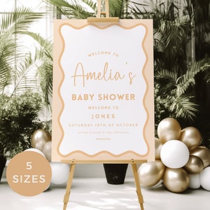 Cartello di benvenuto con bordo ondulato per baby shower, onda gialla, modello modificabile, Hello Baby, genere neutro, stampabile, DOWNLOAD IMMEDIATO, 5 misure BB56