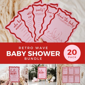 Leukste babyshowergames, retro golvende babyshowerbundel, welkomstbord uitnodiging, bewerkbare sjabloon, afdrukbare INSTANT DOWNLOAD BB06