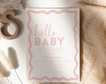 Wavy Border Baby Shower Invitation, Retro Pink Beige Boho Editable Template Invite, Boy Sprinkle Printable Hello Baby INSTANT DOWNLOAD BB86