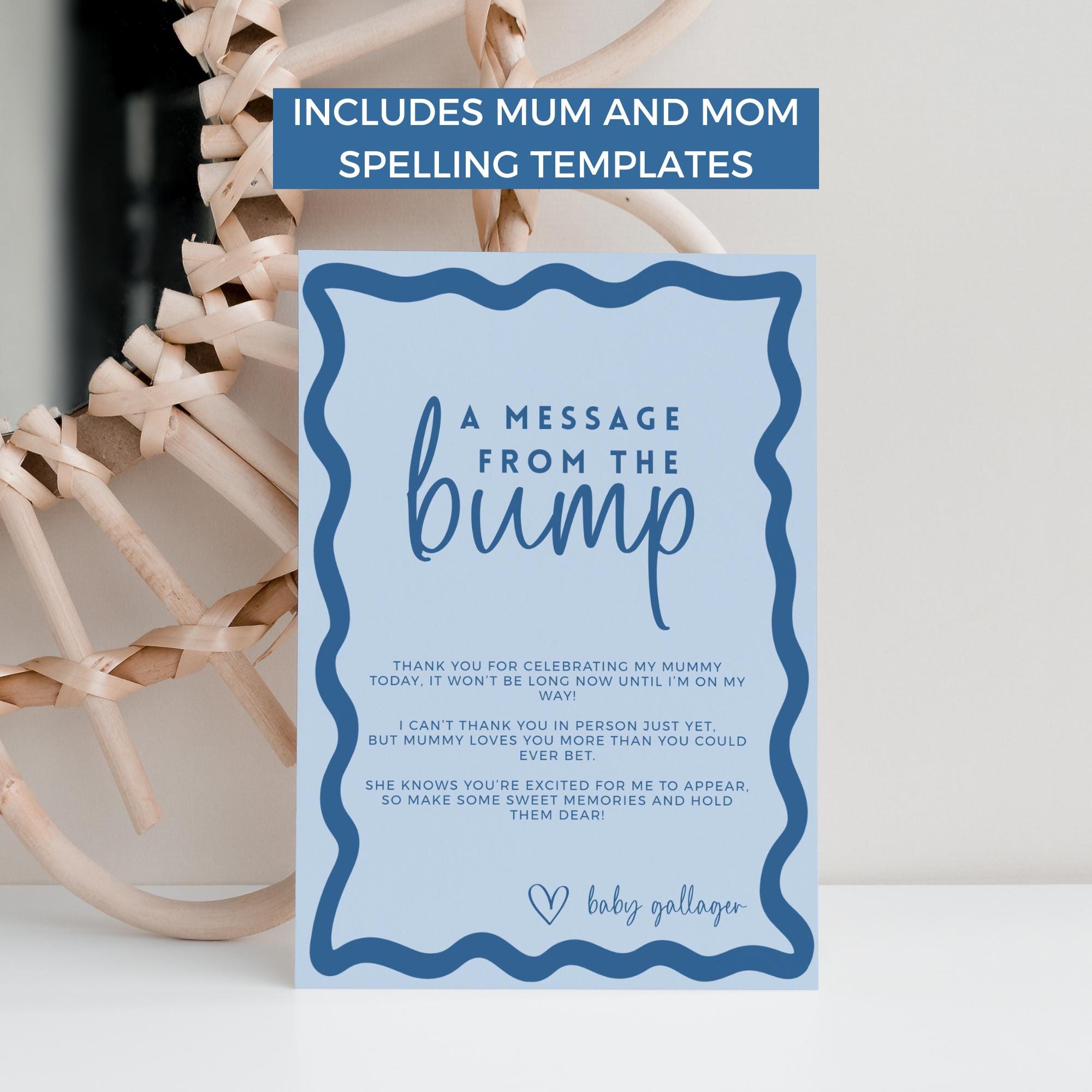 Wavy Retro Border Message from the Bump Baby Sign, Template Editable DIY Blue Baby Shower Decor INSTANT DOWNLOAD Personalize Printable BB26