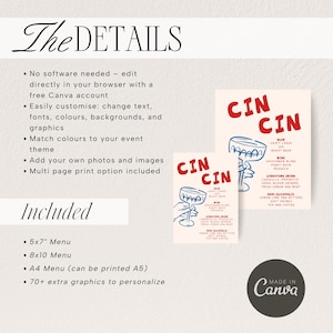 May include: A beige menu design with the text "CIN CIN" in red, featuring a cocktail glass illustration. The menu includes drink options and is available in 5x7 and 8x10 inch sizes, plus A4. The design is customizable with Canva.