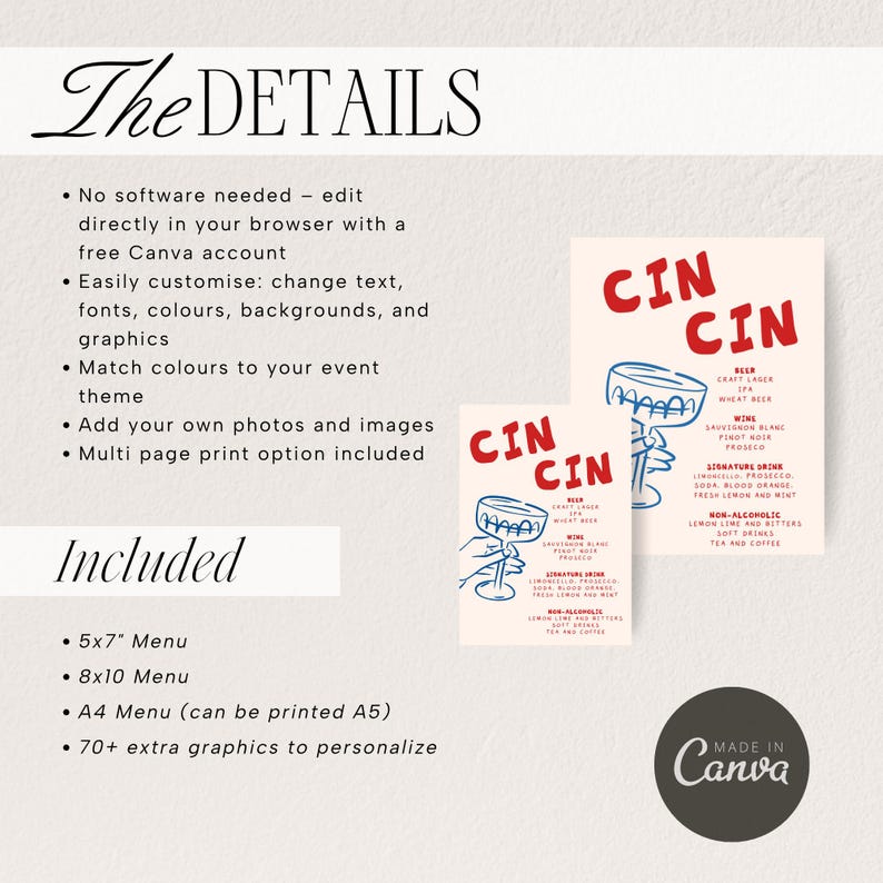 May include: A beige menu design with the text "CIN CIN" in red, featuring a cocktail glass illustration. The menu includes drink options and is available in 5x7 and 8x10 inch sizes, plus A4. The design is customizable with Canva.