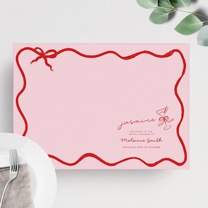 Modèle de set de table noeud ondulé rose rouge, baby shower poules nuptiales de douche, bordure ondulée, personnaliser couvert modifiable imprimable BS03