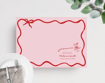 Red Pink Wavy Bow Placemat Template, Baby Shower Hens Bridal Shower Party, Wave Border, Personalize Editable Place Setting Printable BS03
