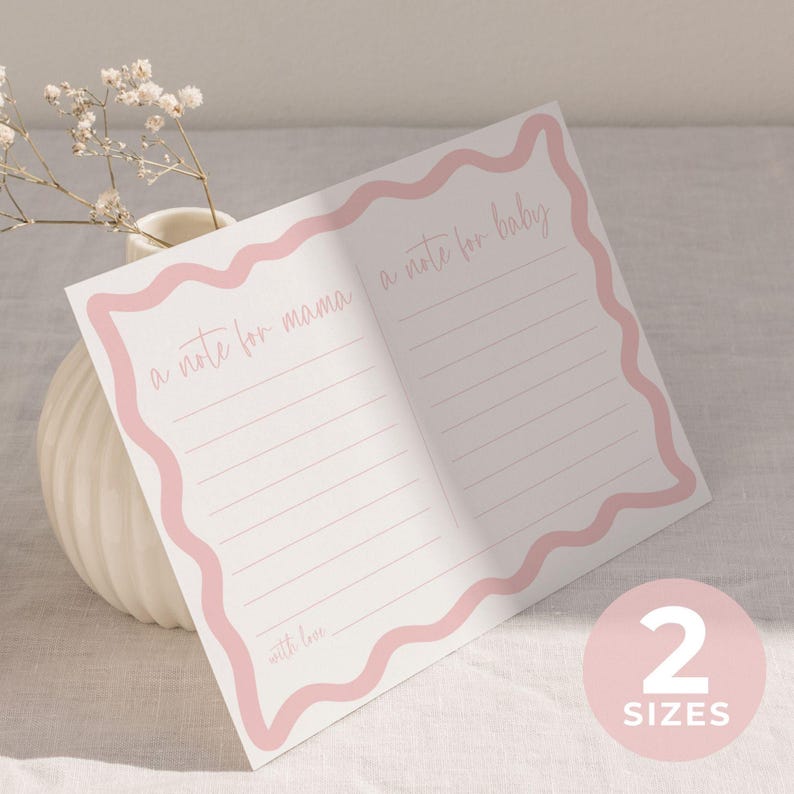 girl baby shower wishes card editable and printable template with wave border in pink includes spaces for a note for mama and a note for baby perfect activity and keepsake for shower or sprinkle celebration instant download modern minimal stationery design