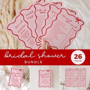 Pink und Rot Welle Hennen Party Brautdusche Bundle, Spiele Willkommensschild Einladung, Bachelorette Hand gezeichnet Band Bogen Vorlage Printable BS03