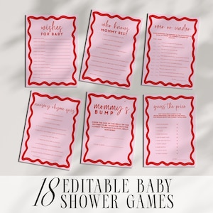Most Fun Baby Shower Games Bundle Retro Wavy Border Template Editable Canva Printable Trivia Bingo Predictions Draw Bump DOWNLOAD BB06