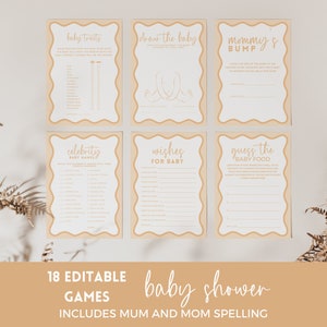 Paquete de 18 juegos divertidos para baby shower, borde retro de ondas amarillas editables y neutrales, plantilla imprimible de bingo, consejos y trivia BB56
