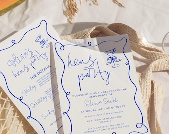 Hens Party Invitation Blue Cocktail Theme Bachelorette Invite Itinerary Bridal Shower Weekend Detail Card Hand Drawn Editable Template Canva