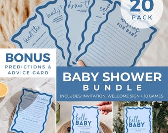 Blue Baby Shower Bundle Editable Invite Baby Sprinkle Welcome Sign Template Canva Printable Games Pack Predictions for Baby Card BB26