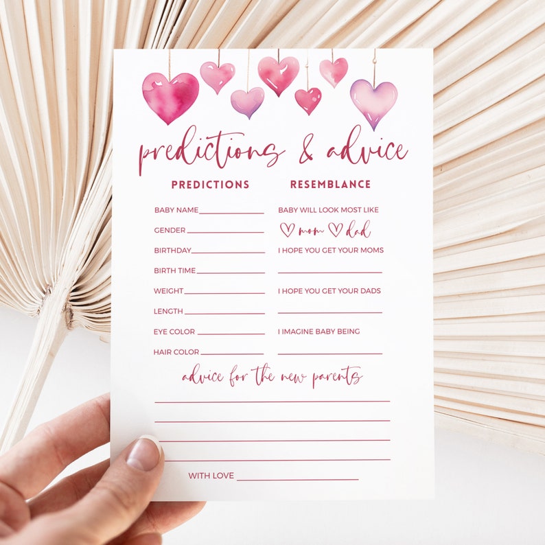 Little Sweetheart Baby Shower Advice and Predictions Game, Template Editable Valentines Sprinkle, February Printable INSTANT DOWNLOAD BB08 image 2
