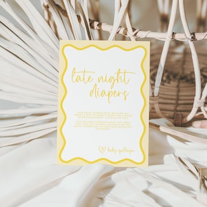 Cartello per pannolini a tarda notte, bordo retrò ondulato giallo boho neutro, modello modificabile per baby shower, SCARICA la versione stampabile BB57