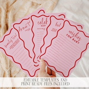 Most Fun Baby Shower Games Bundle, Retro Wavy Border Template Editable Printable, Trivia Bingo Wishes Bump Draw Bump Canva DOWNLOAD BB06