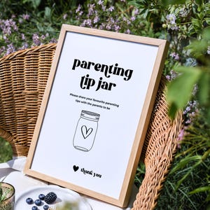 Letrero de tarro de consejos para padres Diseño moderno Tarjeta de consejos para padres Juegos para baby shower Consejos minimalistas para futuros padres Plantilla Canva BB01