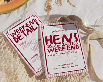 Hens Weekend Invitation and Itinerary Template Editable Bachelorette Weekend Schedule Burgundy Pink Hens Party Invite Canva B01