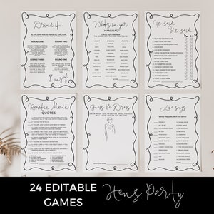 Pacote de jogos para despedida de solteira com borda ondulada, chá de panela de despedida de solteira, desenho moderno à mão, download instantâneo editável para impressão HP01