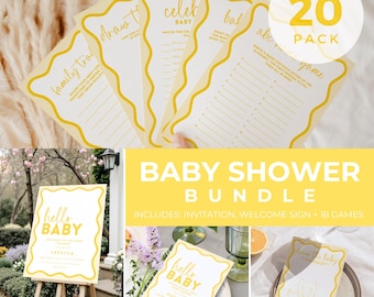 Lemon Yellow Wave Baby Shower Bundle Fun Games Wavy Gender Neutral Invitation Welcome Sign Canva Editable Template Printable Download BB57