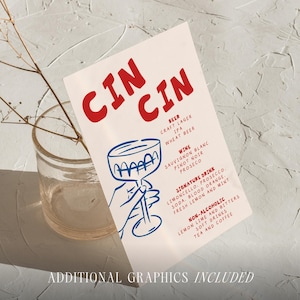 May include: A menu card with the word "CIN CIN" in red, featuring drink options like beer, wine, and signature cocktails. A blue line drawing depicts a hand holding a cocktail glass. The phrase "ADDITIONAL GRAPHICS INCLUDED" is at the bottom.
