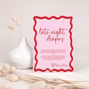 'S avonds laat luiers notitiebord, roze en rode golvende retro rand, luiersjabloon bewerkbaar babyshowerspel, INSTANT DOWNLOAD afdrukbare BB06