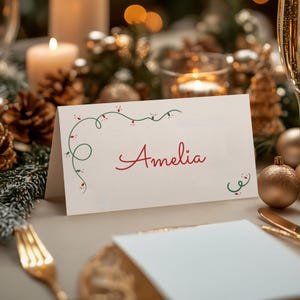 Tarjetas de lugar para fiestas navideñas, tarjetas de lugar para Navidad, mesa de buffet de comida, plantillas imprimibles, nombre doblado plano, personalizable, editable, cena navideña CH01
