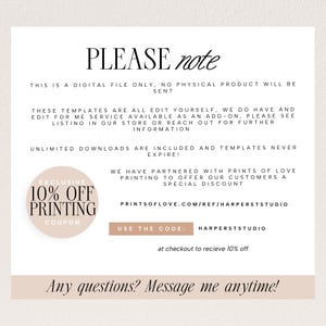 May include: Cream-colored digital file information sheet with black text. The text includes a note about digital files, editing services, and a 10% off printing coupon. The sheet also provides a website and a discount code.
