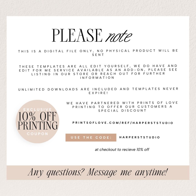 May include: Cream-colored digital file information sheet with black text. The text includes a note about digital files, editing services, and a 10% off printing coupon. The sheet also provides a website and a discount code.