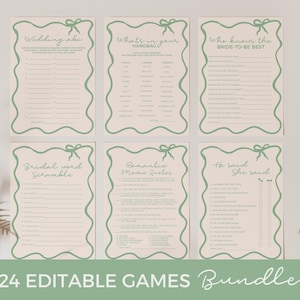 Modèle de bordure ondulée vert sauge, jeux de douche nuptiale, EVJF, ruban dessiné main vague de noeud, BS05 imprimable modifiable à la main