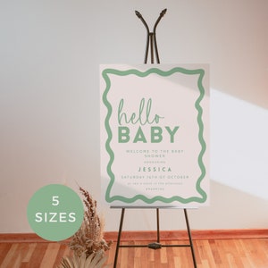 Cartello di benvenuto per baby shower con bordo ondulato verde salvia, modello modificabile, stampabile, genere neutro, Hello Baby, DOWNLOAD IMMEDIATO, 5 misure BB36