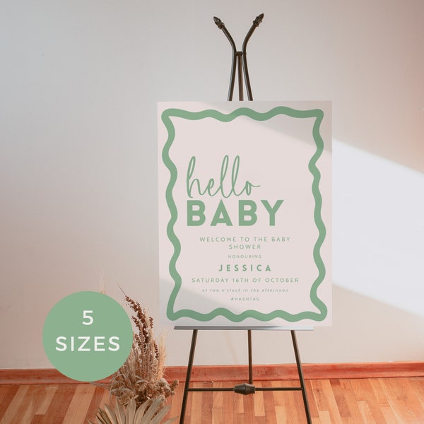 Sage Green Retro Wavy Border Baby Shower Welcome Sign, Editable Template, Hello Baby Gender Neutral Printable INSTANT DOWNLOAD 5 sizes BB36